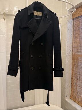 Burberry Cashmere & Wool Black Double-Breasted Trench Coat with Epaulets